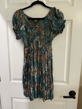 Angie Teal Floral Smocked V-Neck Dress